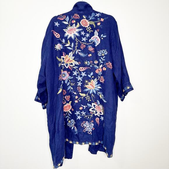 Johnny Was Women Cardigan Tivva Linen Embroidered Floral 3/4 Sleeve Navy Size 1X - Picture 3 of 8